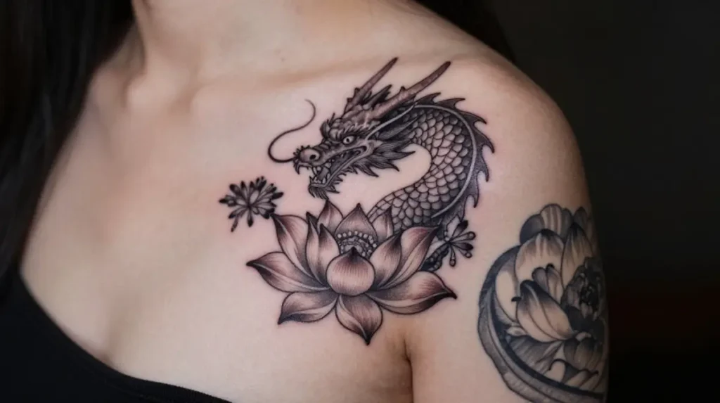 Dainty Dragon Tattoo with Lotus