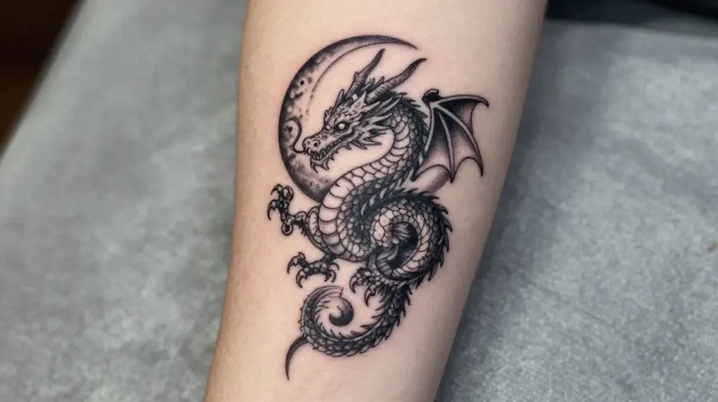 Dainty Dragon Tattoo with Moon