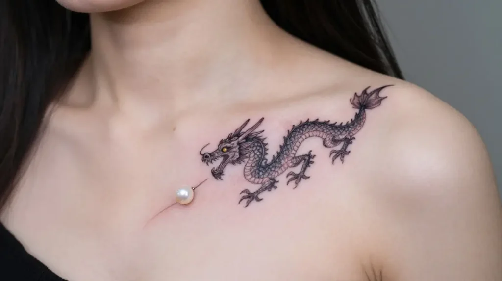 Dainty Dragon Tattoo with Pearl