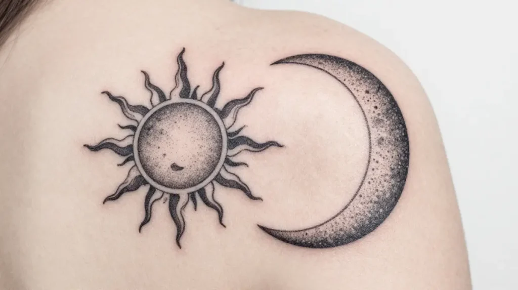 Dotwork Sun and Moon Tattoo