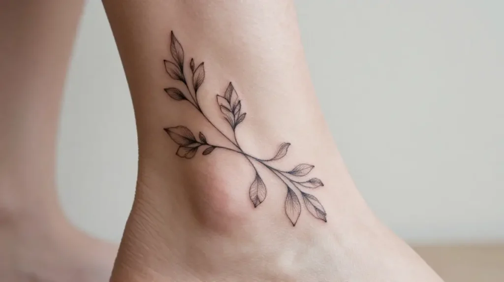 Fine Line Floral Ankle Tattoo