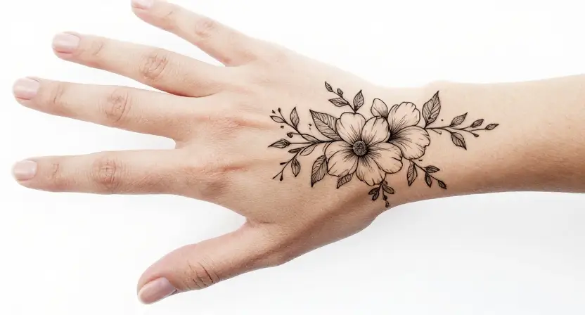 Fine Line Floral Hand Tattoo