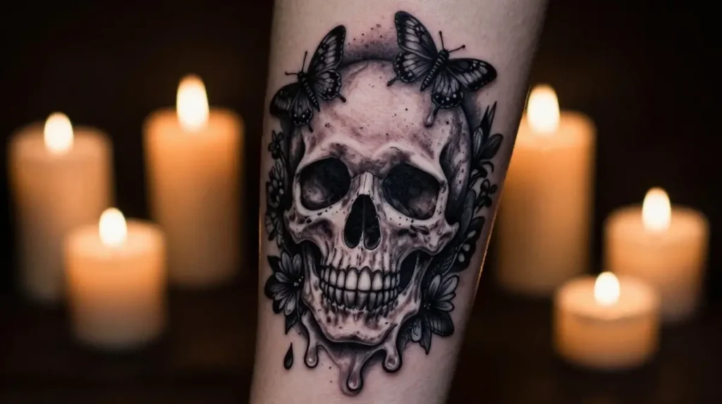 Gothic Skull with Candles Tattoo