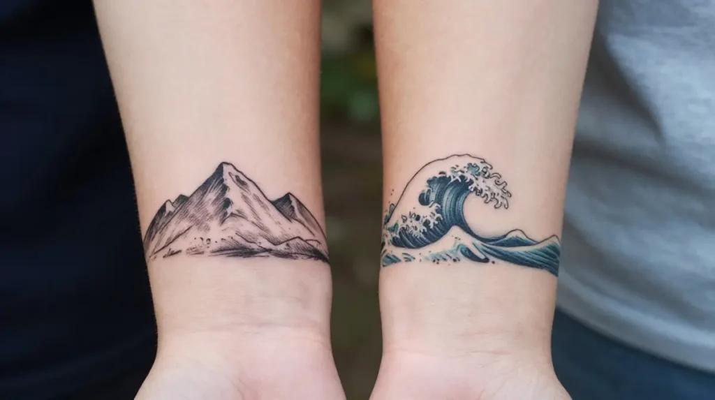 Matching Mountain and Wave Tattoos