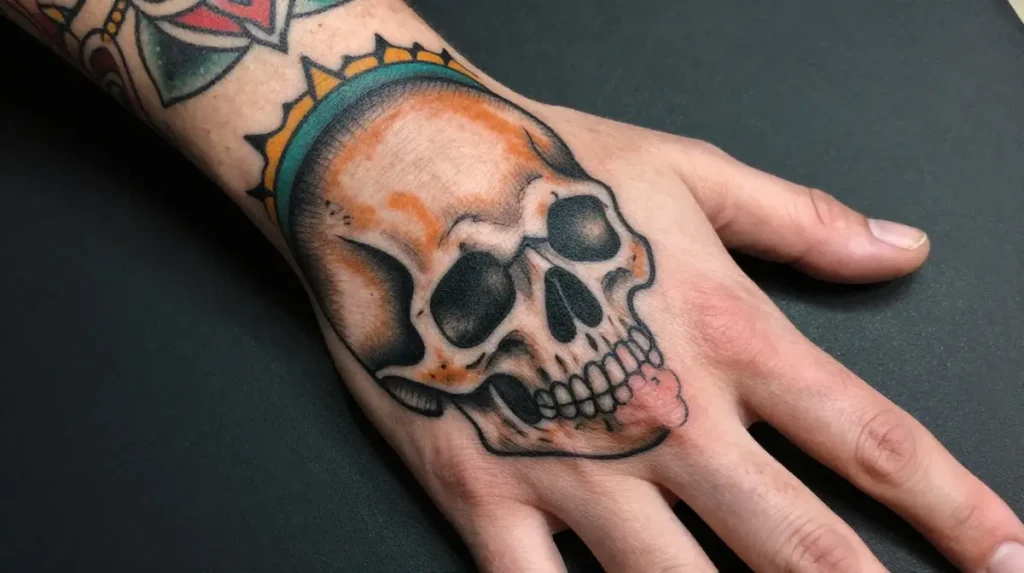Neo Traditional Skull Hand Tattoo