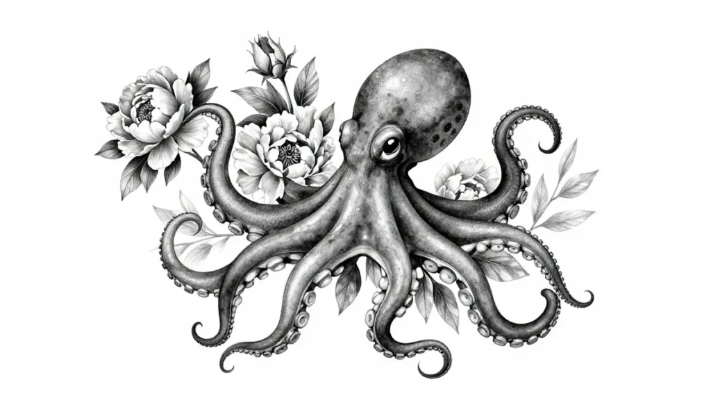 Octopus Tattoo with Flowers