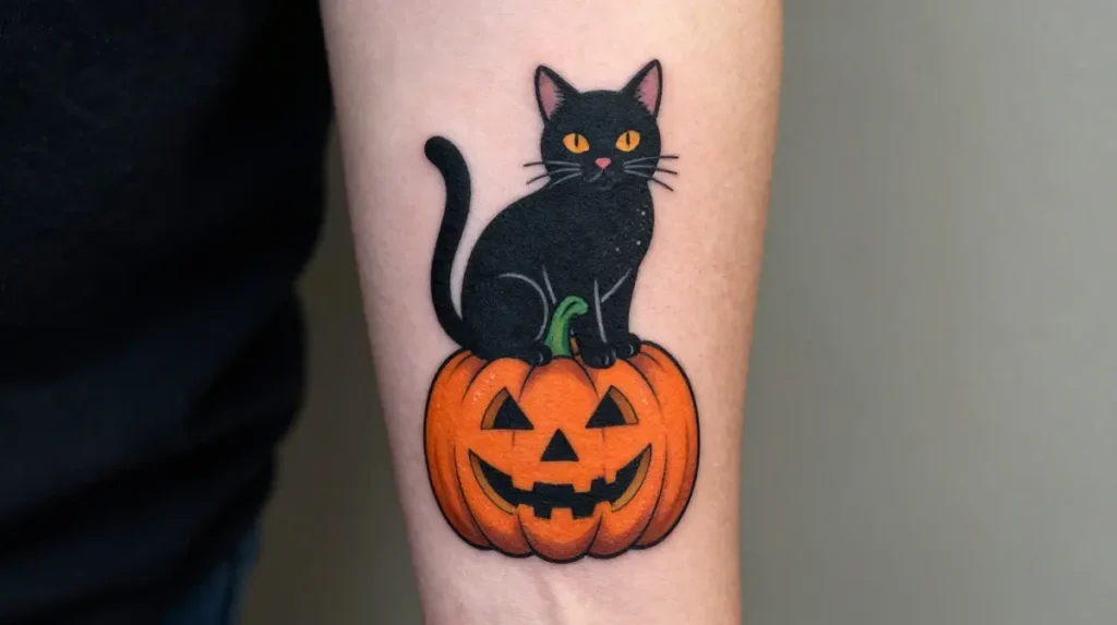 Pumpkin and Black Cat Tattoo