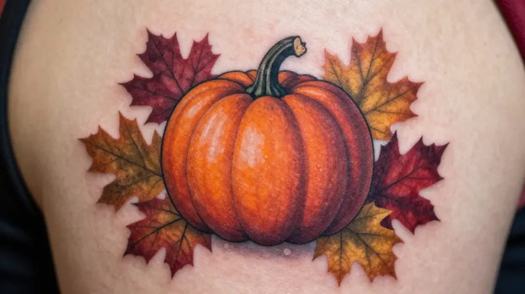 Pumpkin with Fall Leaves Tattoo