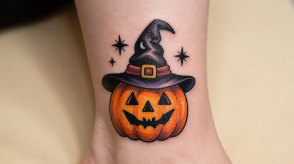 Pumpkin with Witch Hat Tattoo