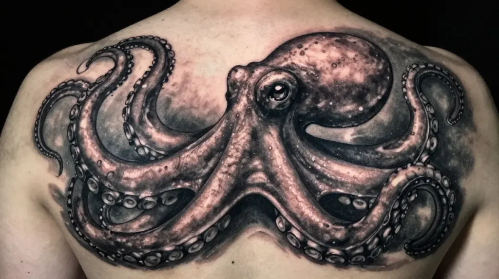 Realistic Black and Grey Octopus Tattoo