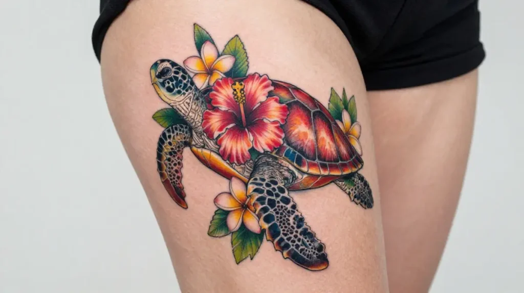 Sea Turtle with Flowers Tattoo
