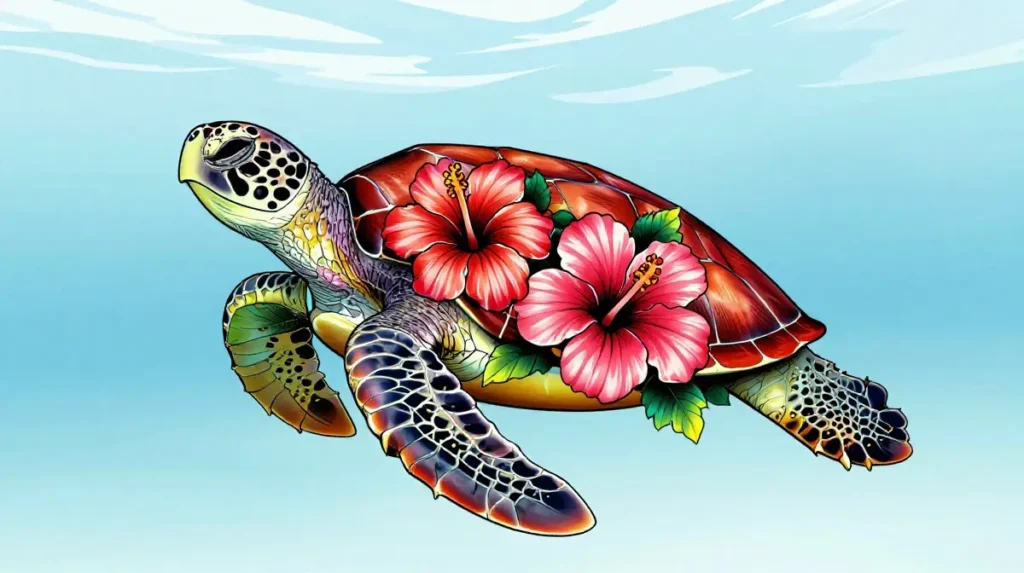 Sea Turtle with Hibiscus Tattoo