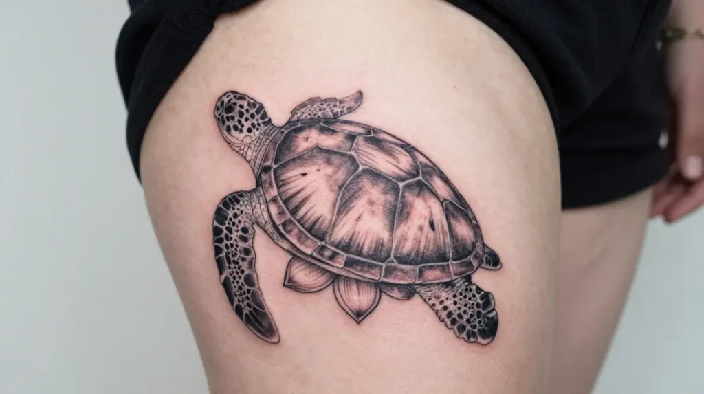 Sea Turtle with Lotus Flower Tattoo