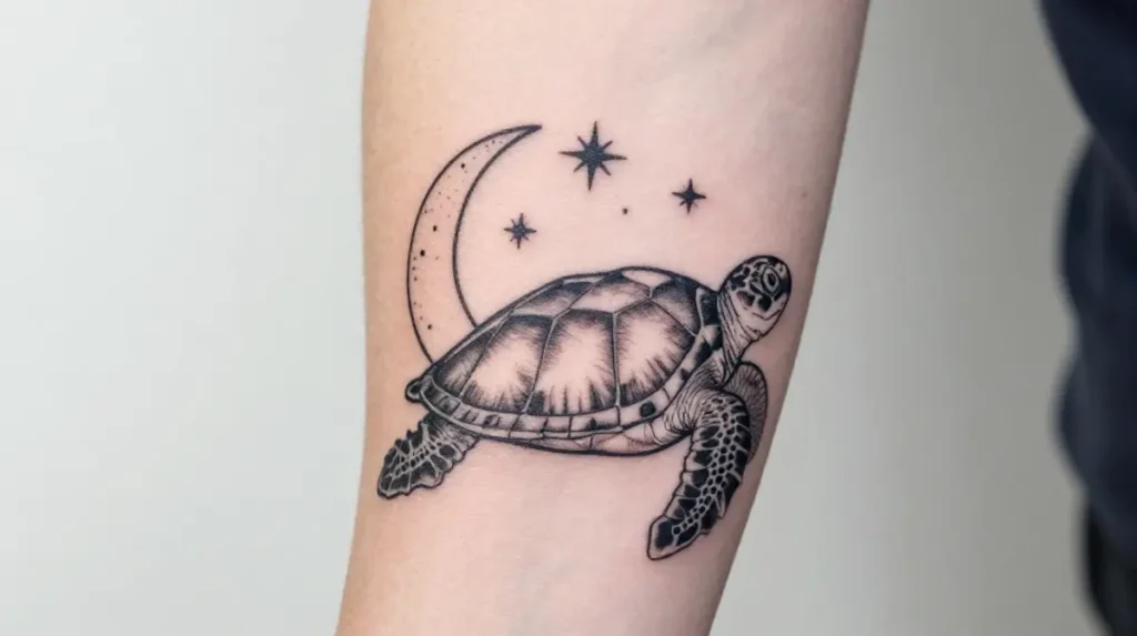 Sea Turtle with Moon and Stars Tattoo