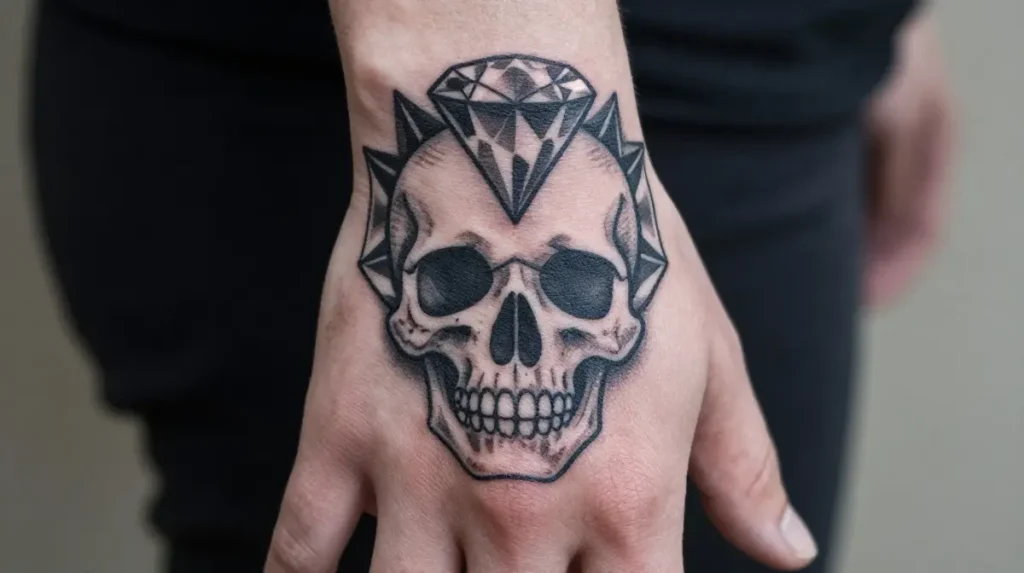 Skull Hand Tattoo With Diamond
