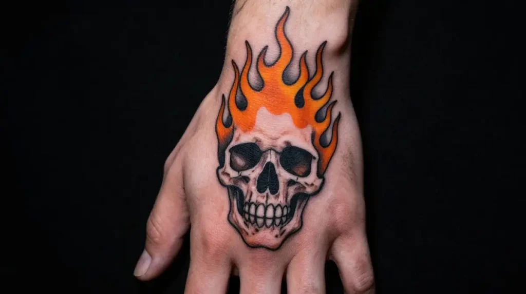 Skull Hand Tattoo With Flames