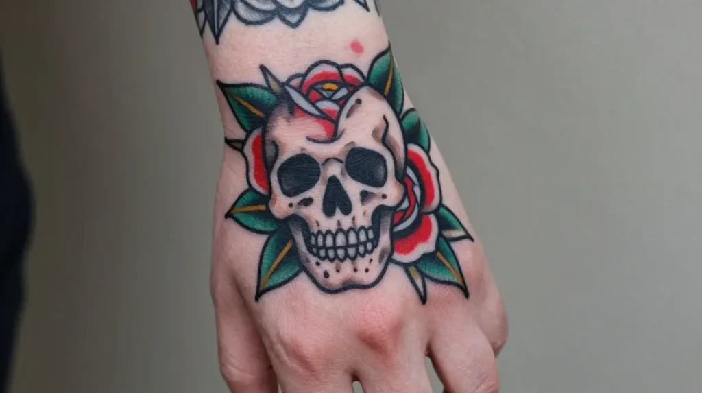 Skull Hand Tattoo With Roses