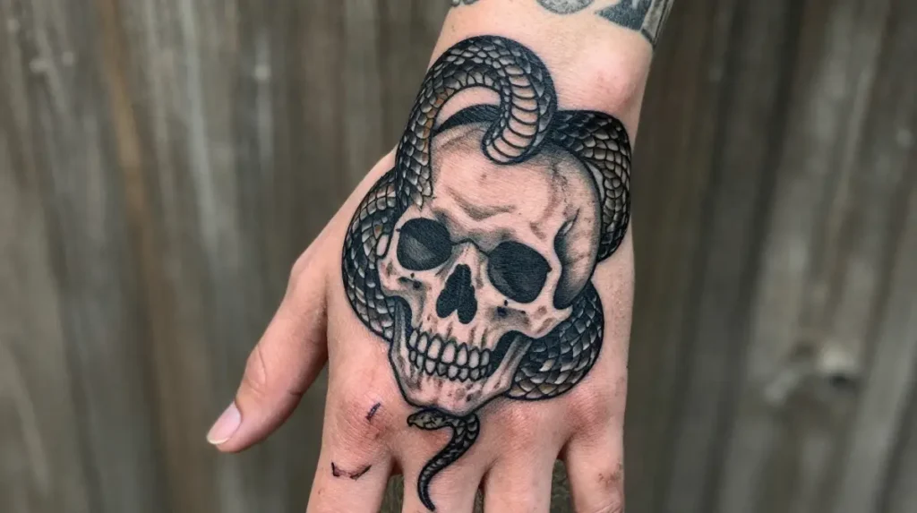 Skull Hand Tattoo With Snake