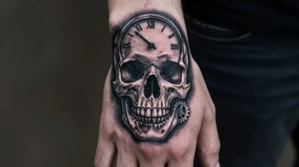 Skull With Clock Hand Tattoo