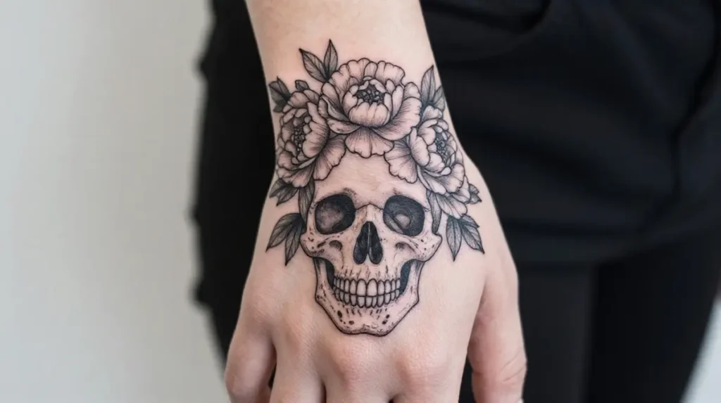 Skull With Flowers Hand Tattoo (Feminine)