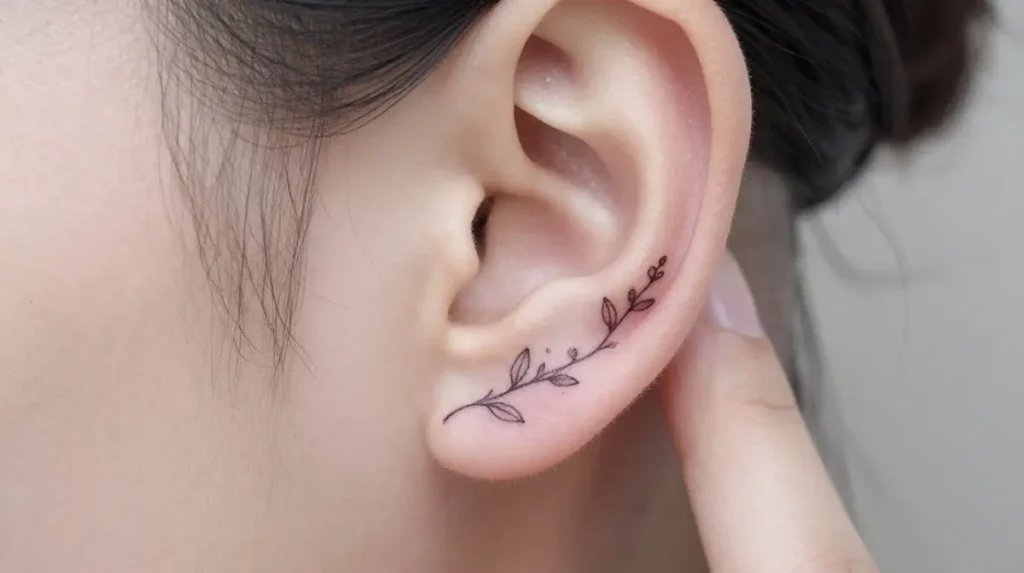Small Vine Tattoo Behind the Ear