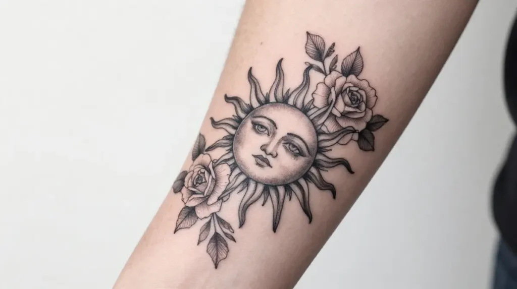 Sun Tattoo with Flowers