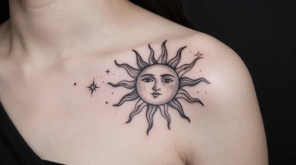 Sun Tattoo with Moon and Stars
