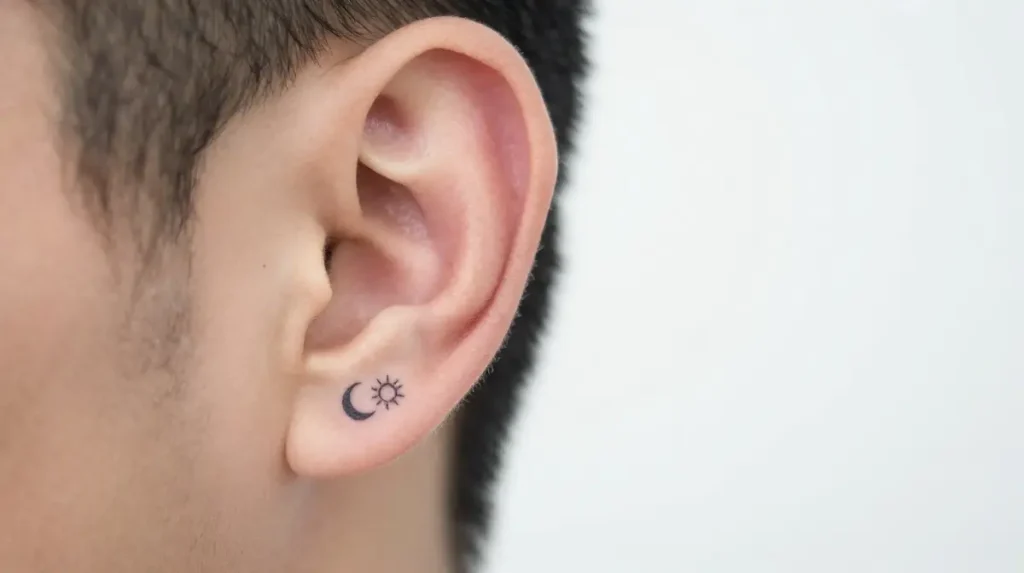 Sun and Moon Tattoo Behind the Ear