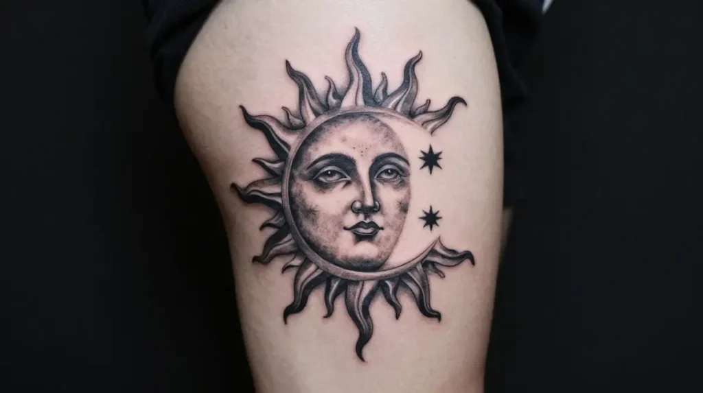 Sun and Moon Tattoo on the Thigh