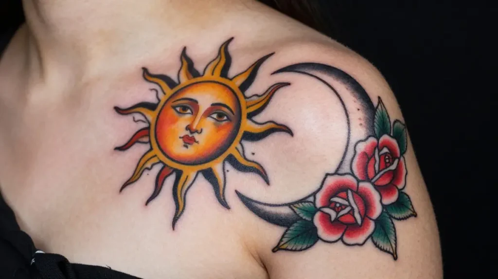 Sun and Moon Tattoo with Flowers