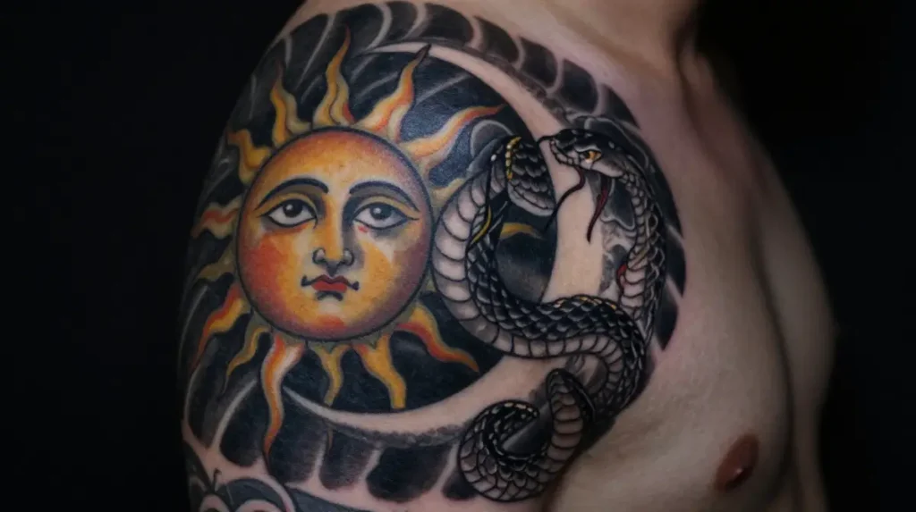 Sun and Moon Tattoo with Snake