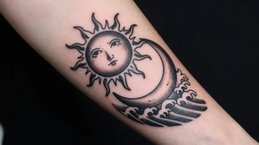 Sun and Moon Tattoo with Waves