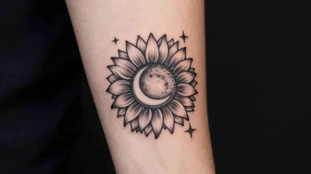 Sunflower Tattoo with Moon and Stars