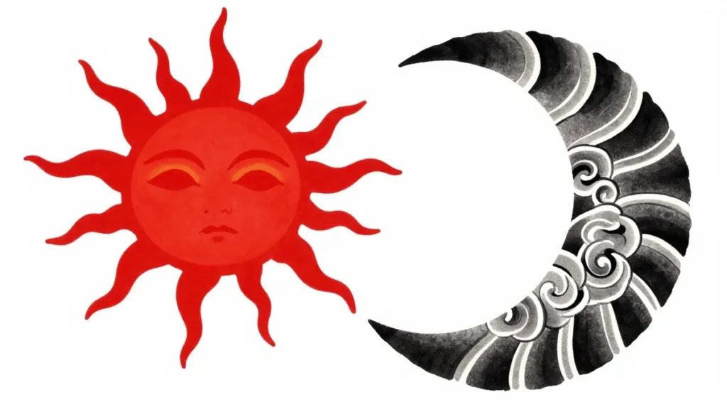 Symbolic Sun and Moon Tattoo with Lotus