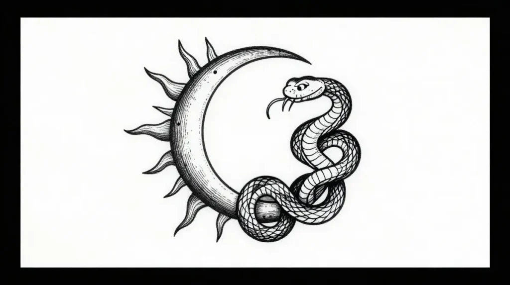 Symbolic Sun and Moon Tattoo with Snake