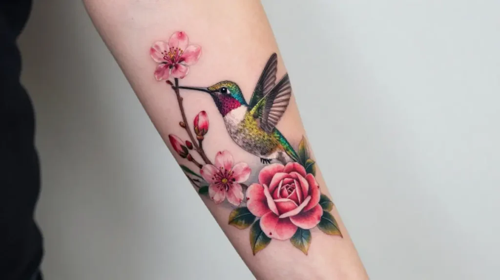 The Hummingbird With Flowers Tattoo