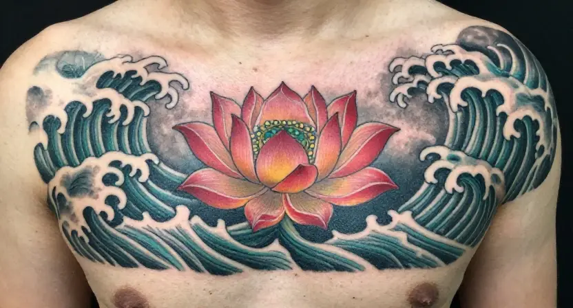 The Wave With Lotus Tattoo