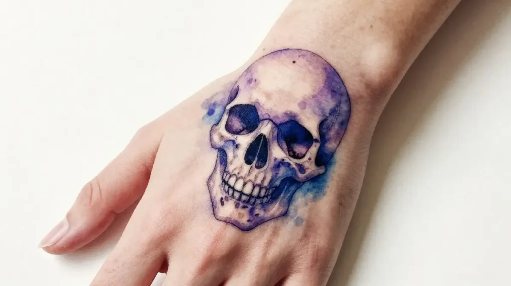 Watercolor Skull Hand Tattoo