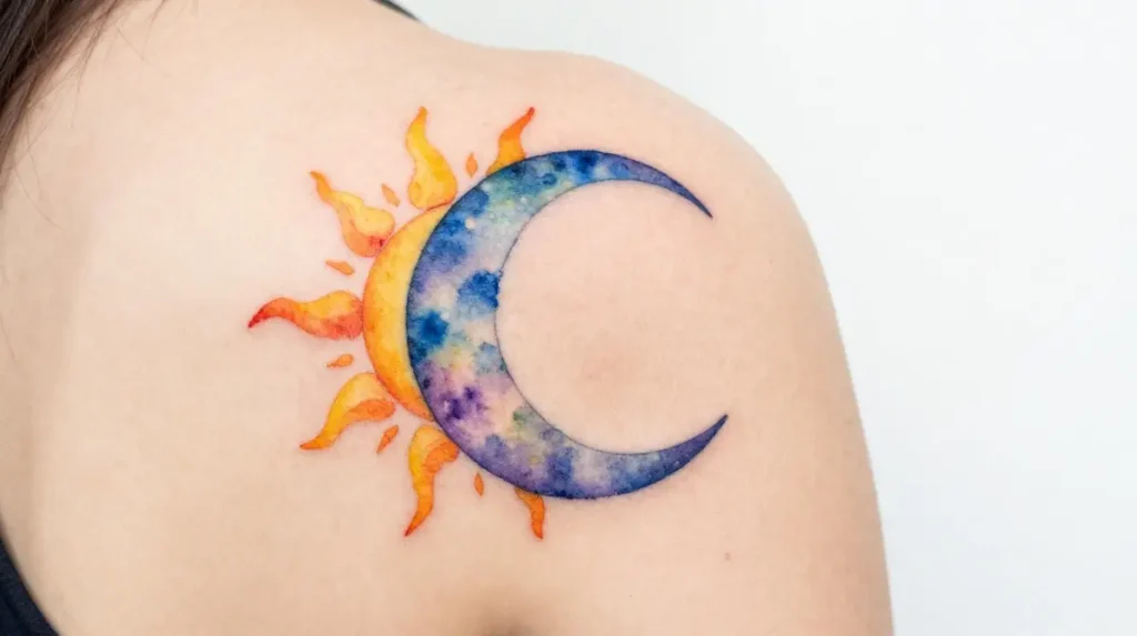 Watercolor Sun and Moon Tattoo