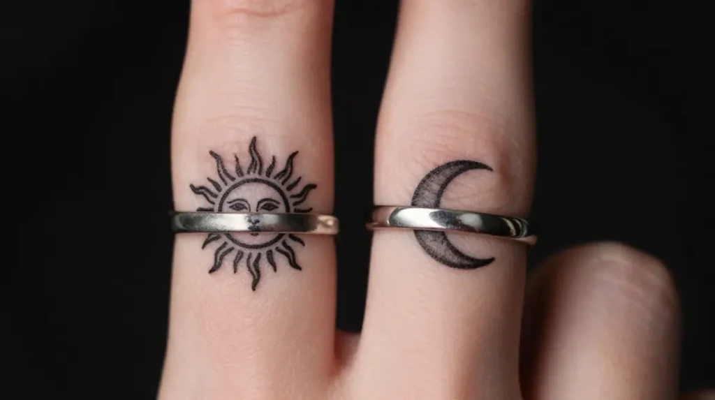 Wedding Ring Tattoo with Sun and Moon