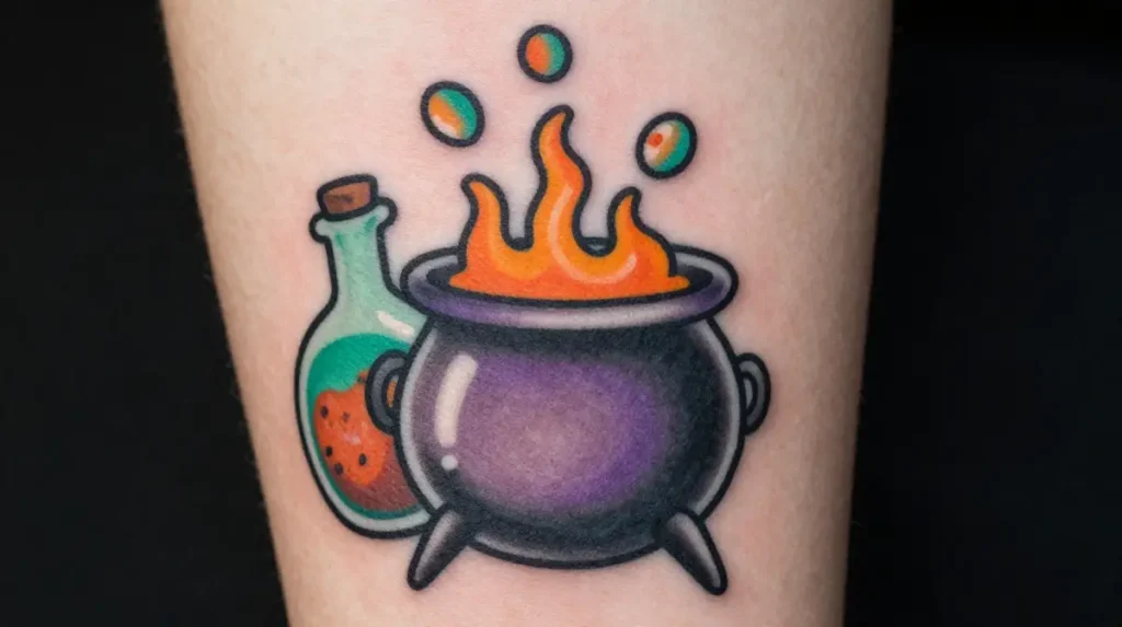 Witch Cauldron and Potion Bottle Tattoo