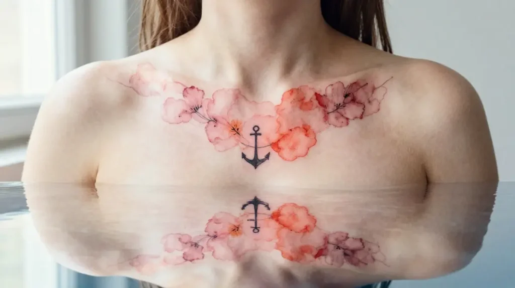 Watercolor Collarbone Tattoos That Bloom Like Pigment Dropped in Still Water