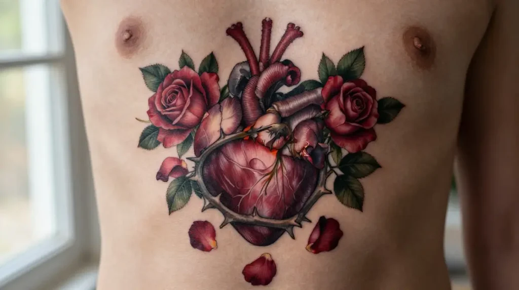 Sacred Heart Tattoos With Roses That Create the Ultimate Devotional Composition