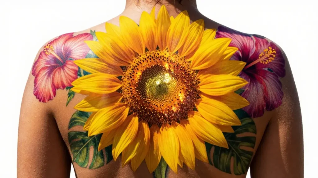 Sunflower and Tropical Bloom Designs That Radiate From the Shoulder Outward