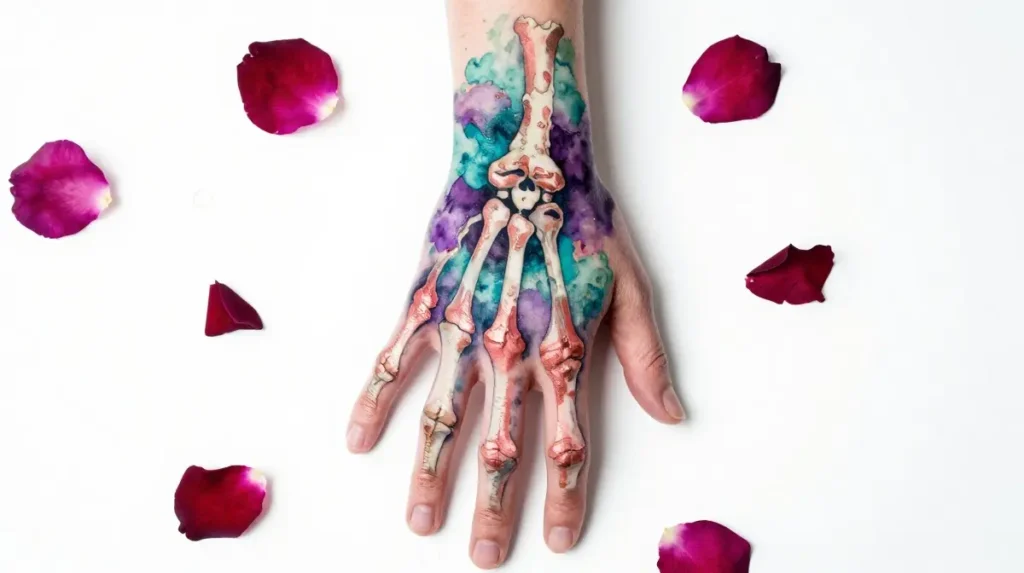 Watercolor Skeleton Hand Tattoos Where Death Blooms in Unexpected Color