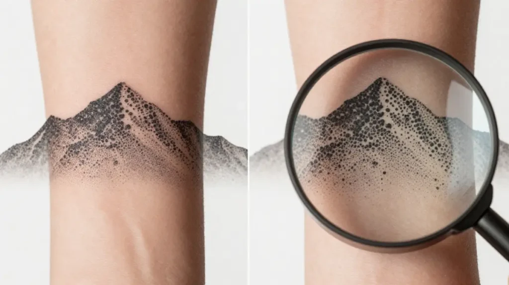 Dotwork Mountain Tattoos That Build Elevation From a Thousand Tiny Points of Ink