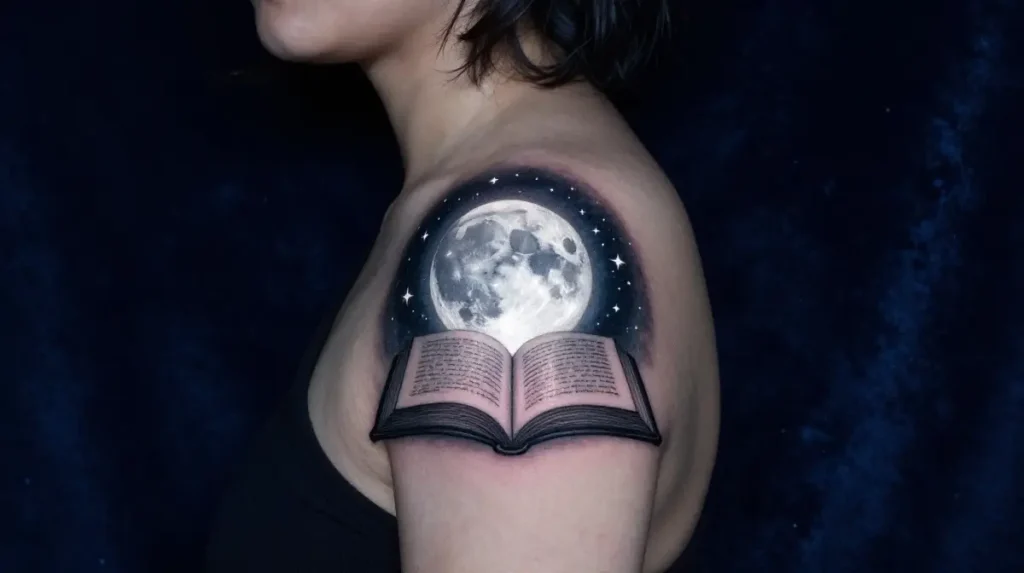 Moon and Book Tattoos That Capture the Magic of Reading After Dark