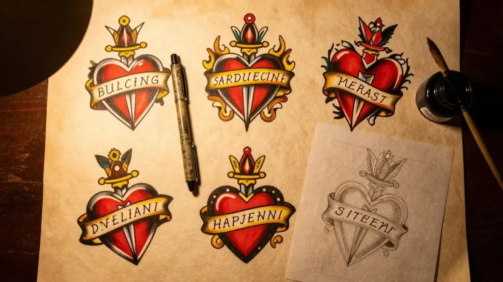 Sacred Heart Tattoos With Daggers Banners and Scrollwork Worth Exploring