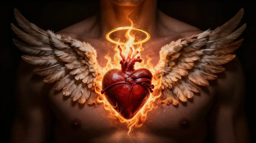 How Flames Halo and Wings Elevate a Sacred Heart Tattoo to Another Level