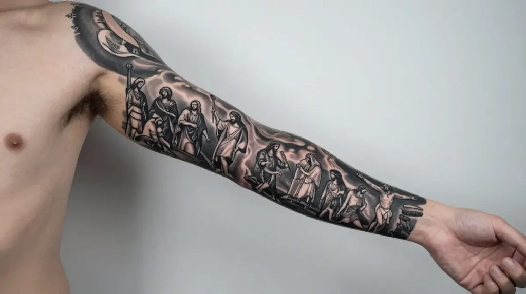 Jesus Sleeve Tattoos That Build an Entire Gospel Across the Arm